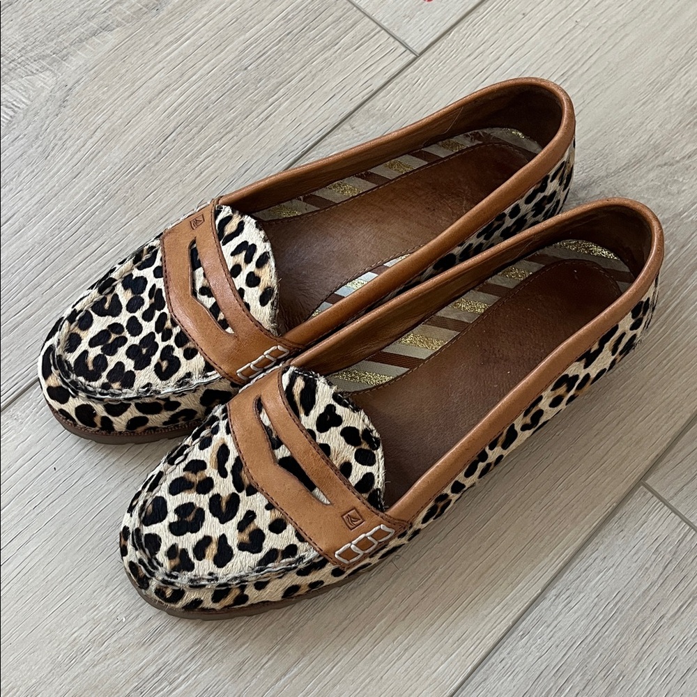 Sperry Topsider Pony Hair Leopard Print Leather Chunky Sole Loafers - Picture 2 of 7